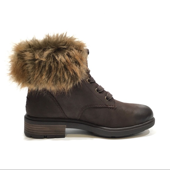 UGG Harrison Lace Tipped Boots -Stout Waterproof Leather -Faux Fur Collar US 7.5 - Picture 4 of 6